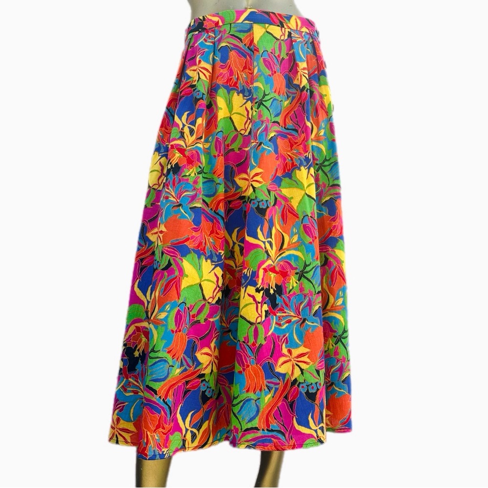 Vintage Jaeger 100% Cotton Floral Pleated A-line Midi Skirt W 30” Great Britain
